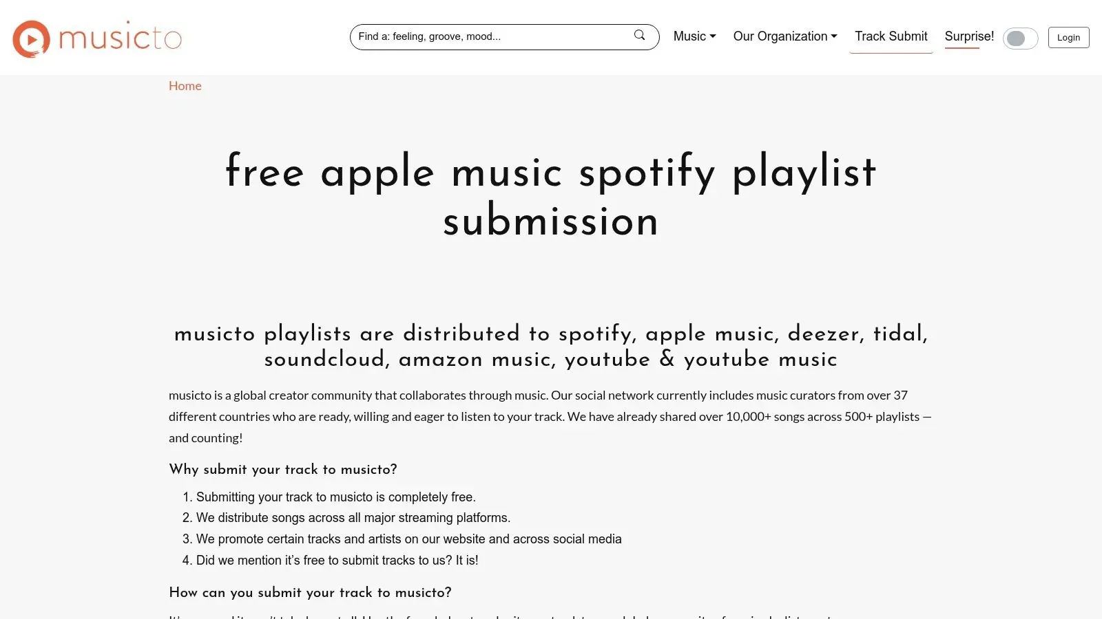 musicto’s submission page explaining free playlist submissions across Spotify, Apple Music, and other streaming services.
