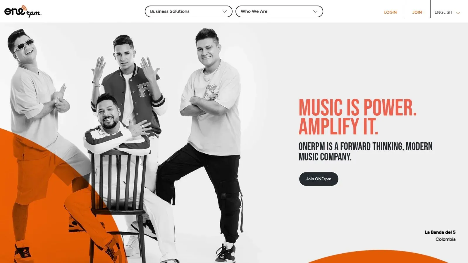 ONErpm homepage introducing the music company with an artist photograph and the message Music Is Power. Amplify It.