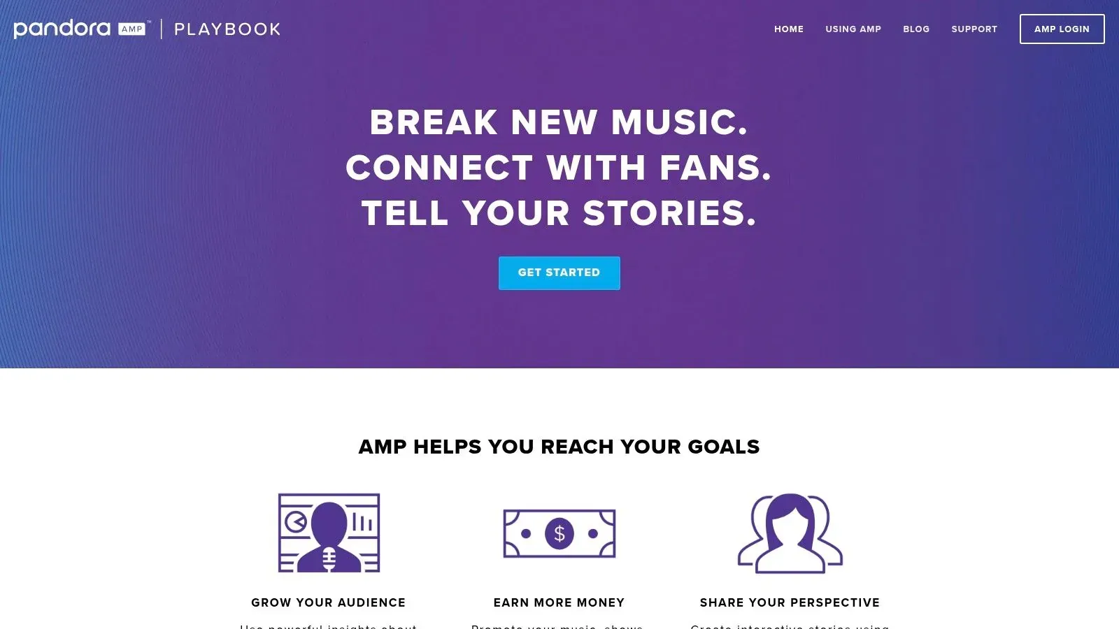 Pandora AMP’s Playbook homepage highlighting audience growth, earnings, and artist storytelling tools.