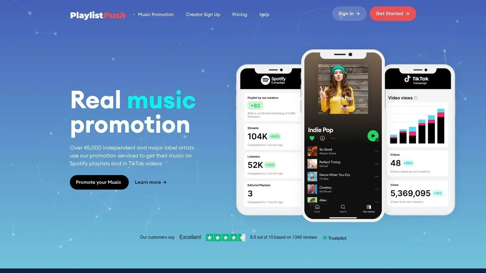Playlist Push homepage promoting music campaigns with Spotify playlist and TikTok performance examples.