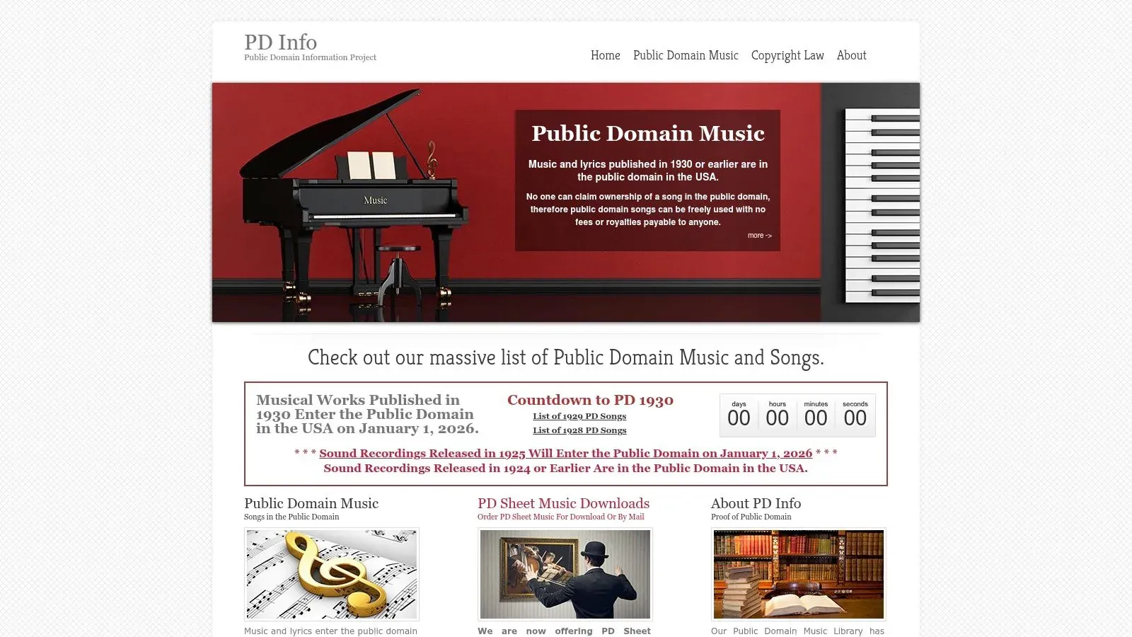 PDInfo homepage offering public domain music lists, sheet music downloads, and copyright information.