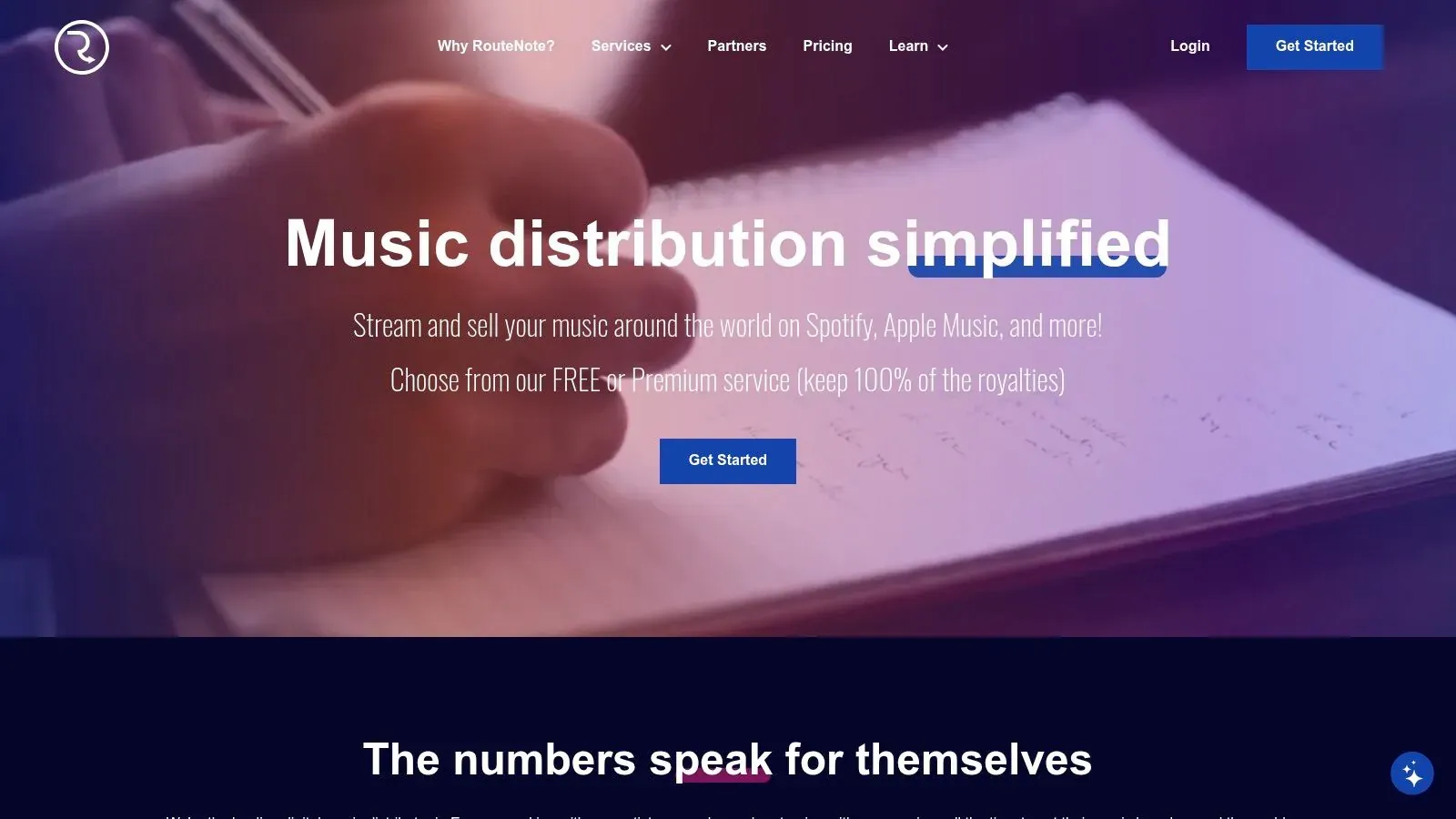 RouteNote homepage offering free and premium music distribution while artists retain their royalties.