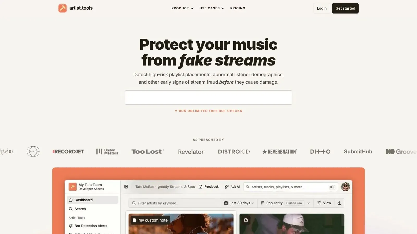 artist.tools homepage offering fake stream protection, with a bot checker field and artist dashboard preview.