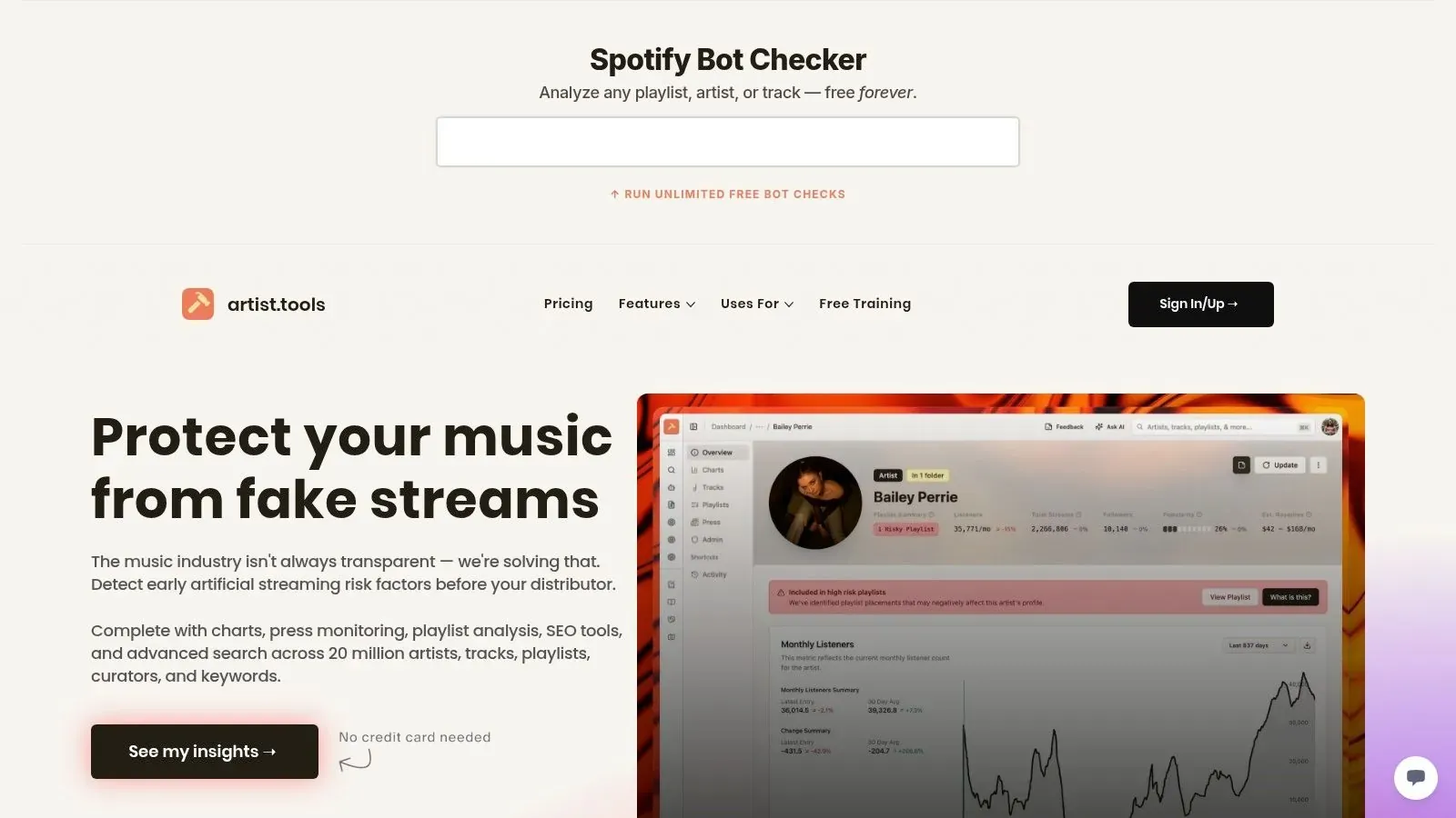 artist.tools’ homepage showing its Spotify Bot Checker and an artist dashboard with listener trends