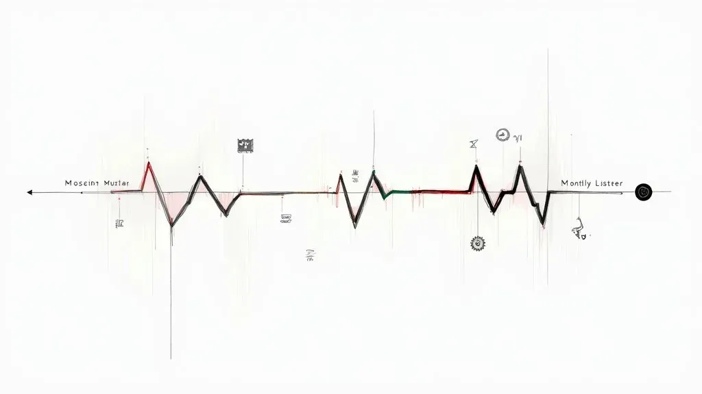 Hand-drawn monthly listener trend line with sharp peaks and dips, illustrating changes in an artist’s audience.