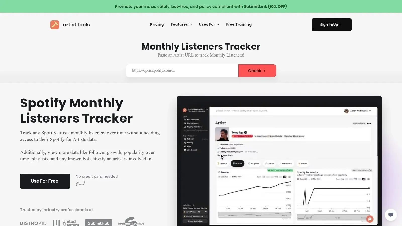 artist.tools Monthly Listeners Tracker page showing an artist URL field and audience analytics preview.