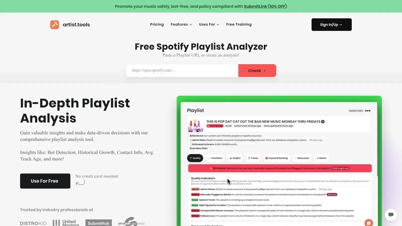 artist.tools’ Playlist Analyzer page with a playlist URL field and a sample report showing quality indicators