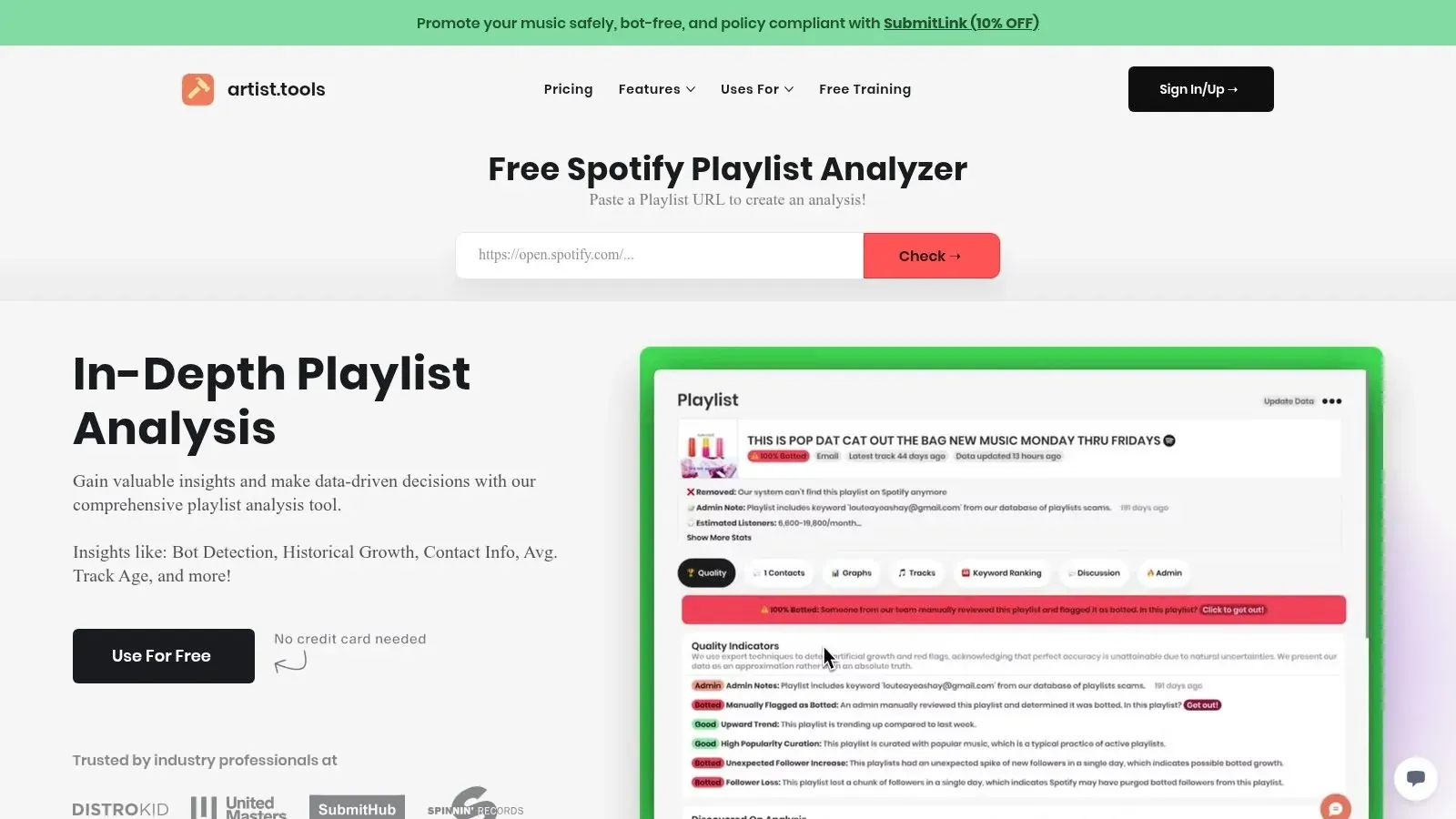 artist.tools Playlist Analyzer page with a playlist URL field and a preview of quality indicators.