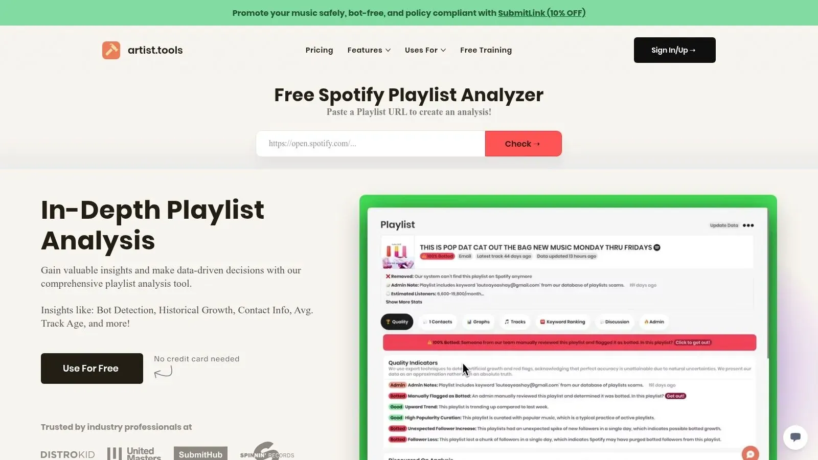 artist.tools’ Playlist Analyzer page with a playlist URL field and a sample report showing quality indicators