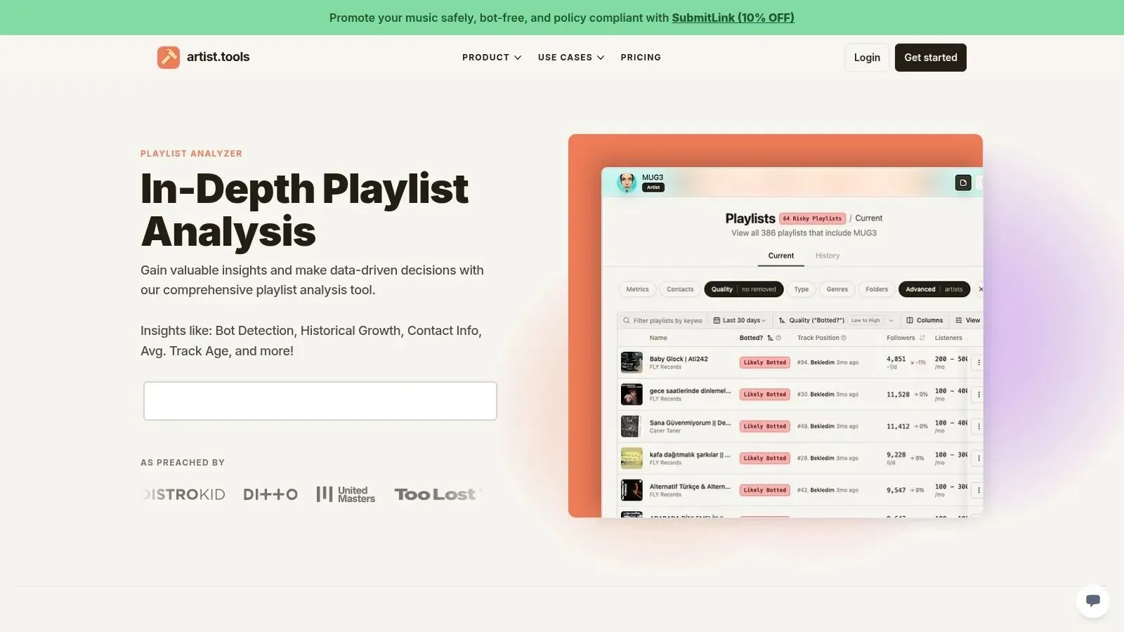 artist.tools’ playlist analysis page showing bot detection, historical growth, and a table of playlist metrics