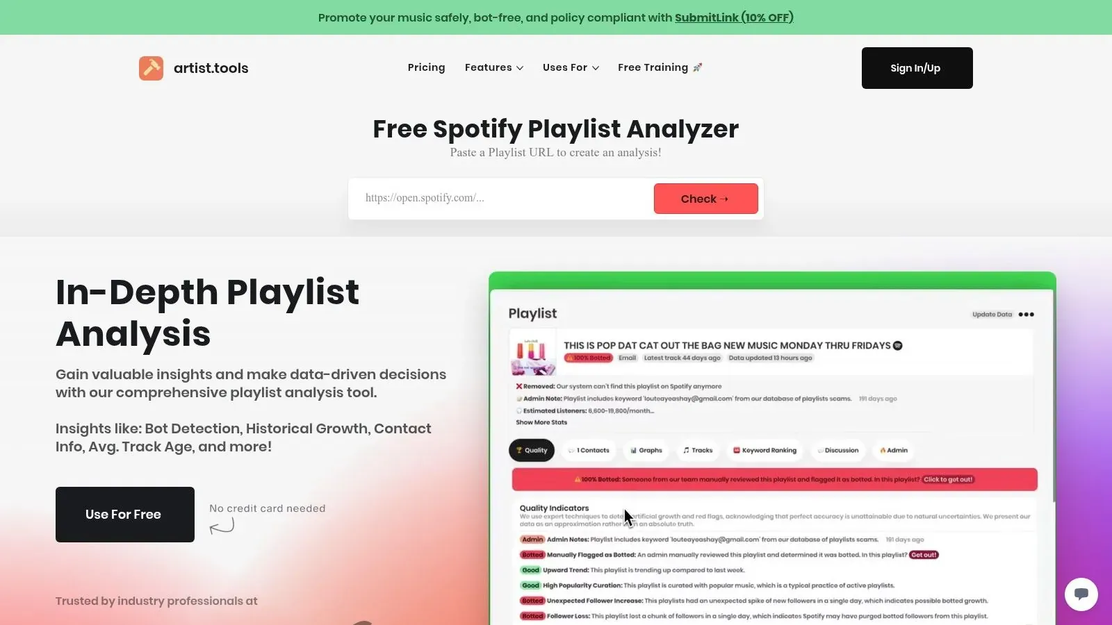 artist.tools Playlist Analyzer page with a playlist URL field and a preview of quality indicators.