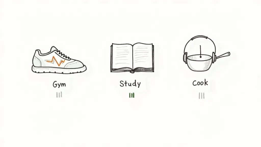 Sketch of a running shoe, open book, and cooking pot representing daily activities with progress.
