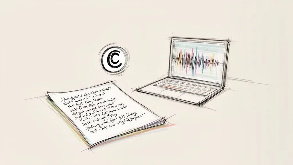 Sketch representing music copyright, with lyrics on paper, a laptop, and audio waveform.