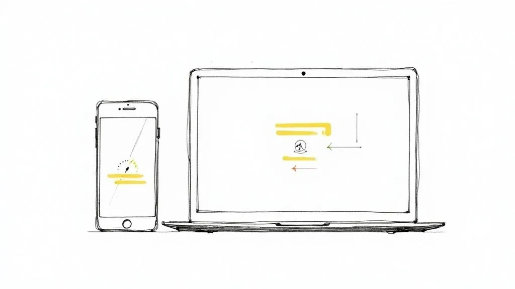 Smartphone and laptop displaying content transfer between devices for digital media sharing