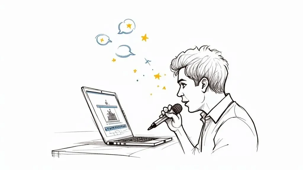 A musician singing into a microphone beside a laptop, illustrating content creation for online audiences