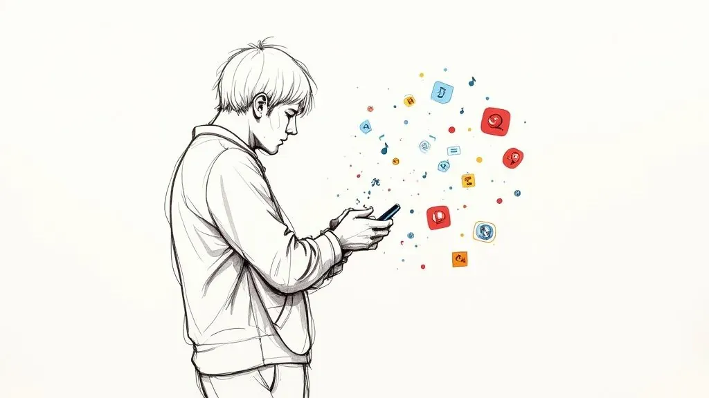 A person using a smartphone surrounded by social media and music icons, illustrating digital fan engagement