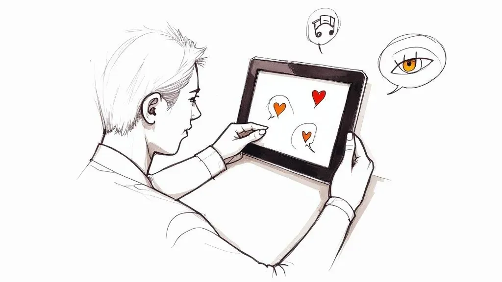 A person tapping heart icons on a tablet, illustrating paid promotion and social media engagement