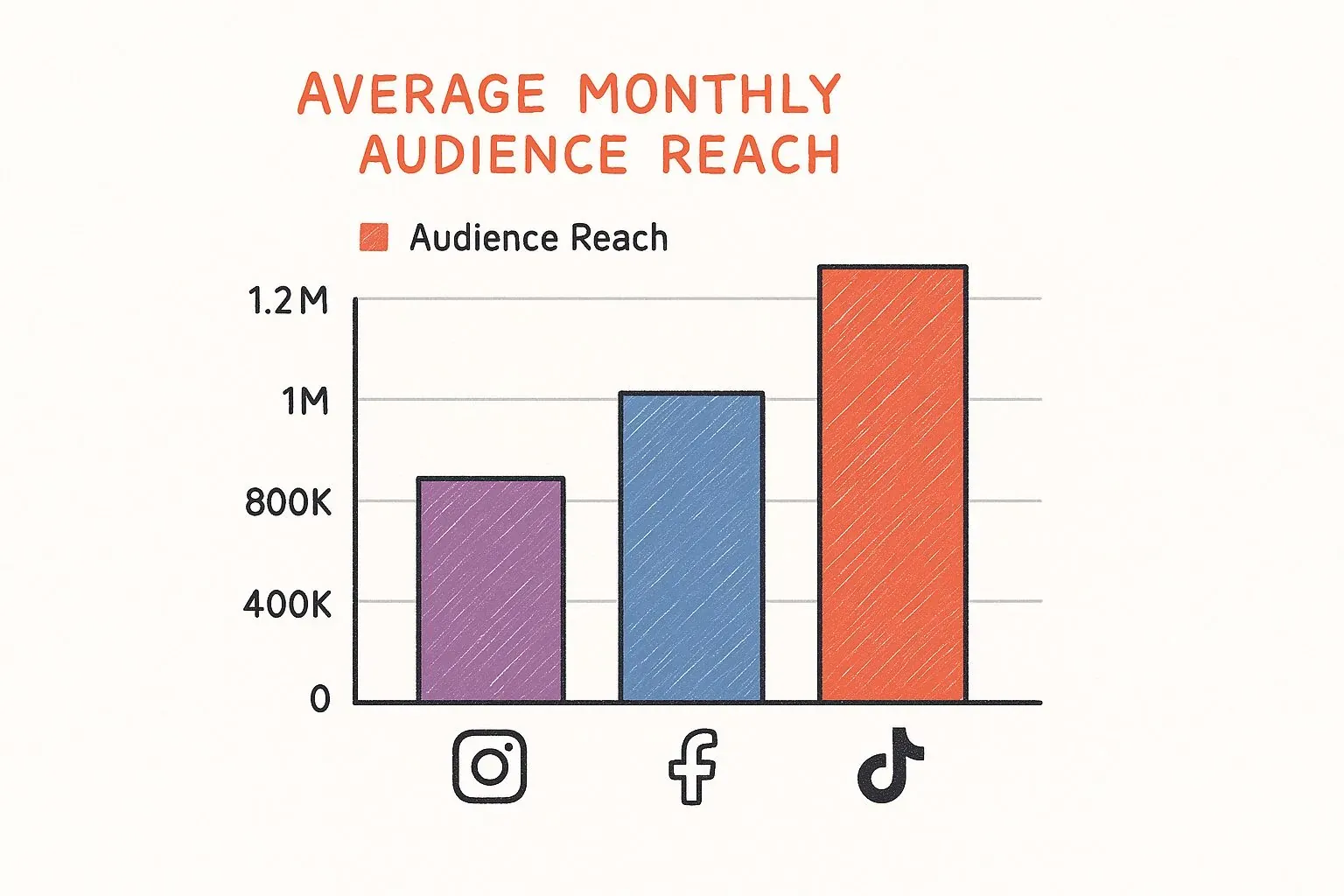 An illustrative audience-reach bar chart comparing Instagram, Facebook, and TikTok, with TikTok showing the highest reach