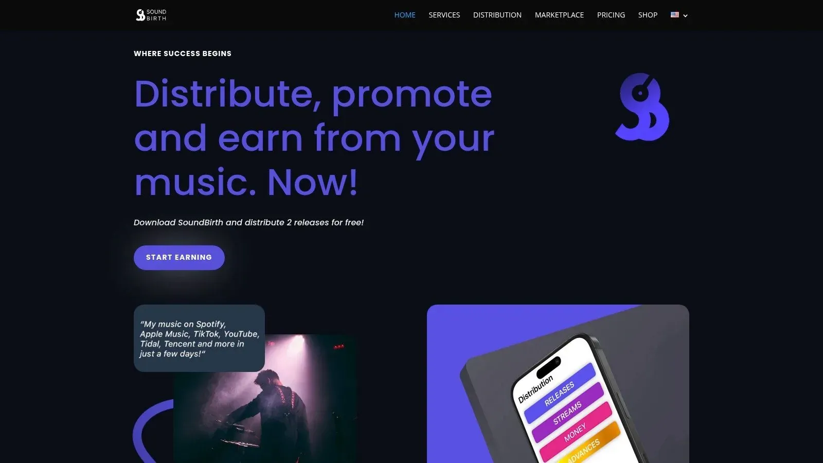 SoundBirth homepage inviting artists to distribute, promote, and earn from music, with two releases offered free.