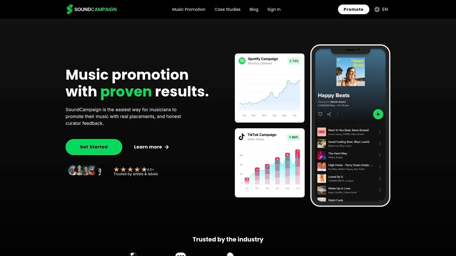 SoundCampaign homepage advertising Spotify and TikTok promotion with campaign charts and a playlist preview.