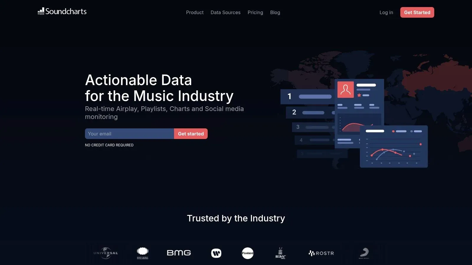 Soundcharts homepage promoting real-time airplay, playlist, chart, and social media monitoring with dashboard previews.