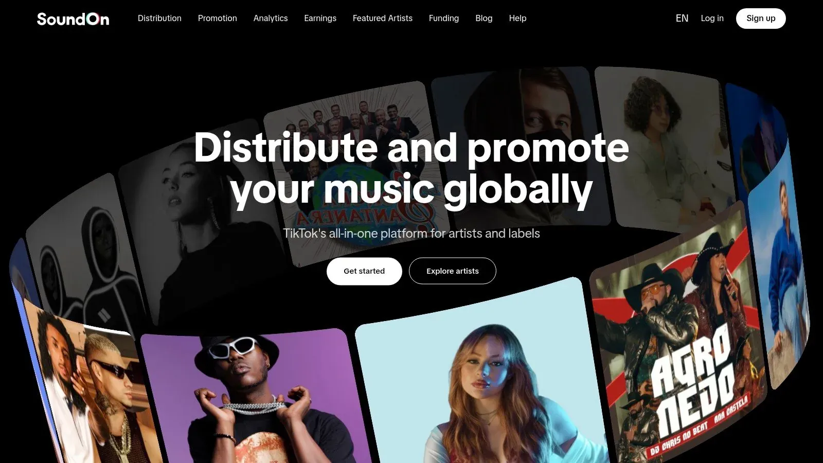 SoundOn homepage advertising global music distribution and promotion as TikTok’s platform for artists and labels.