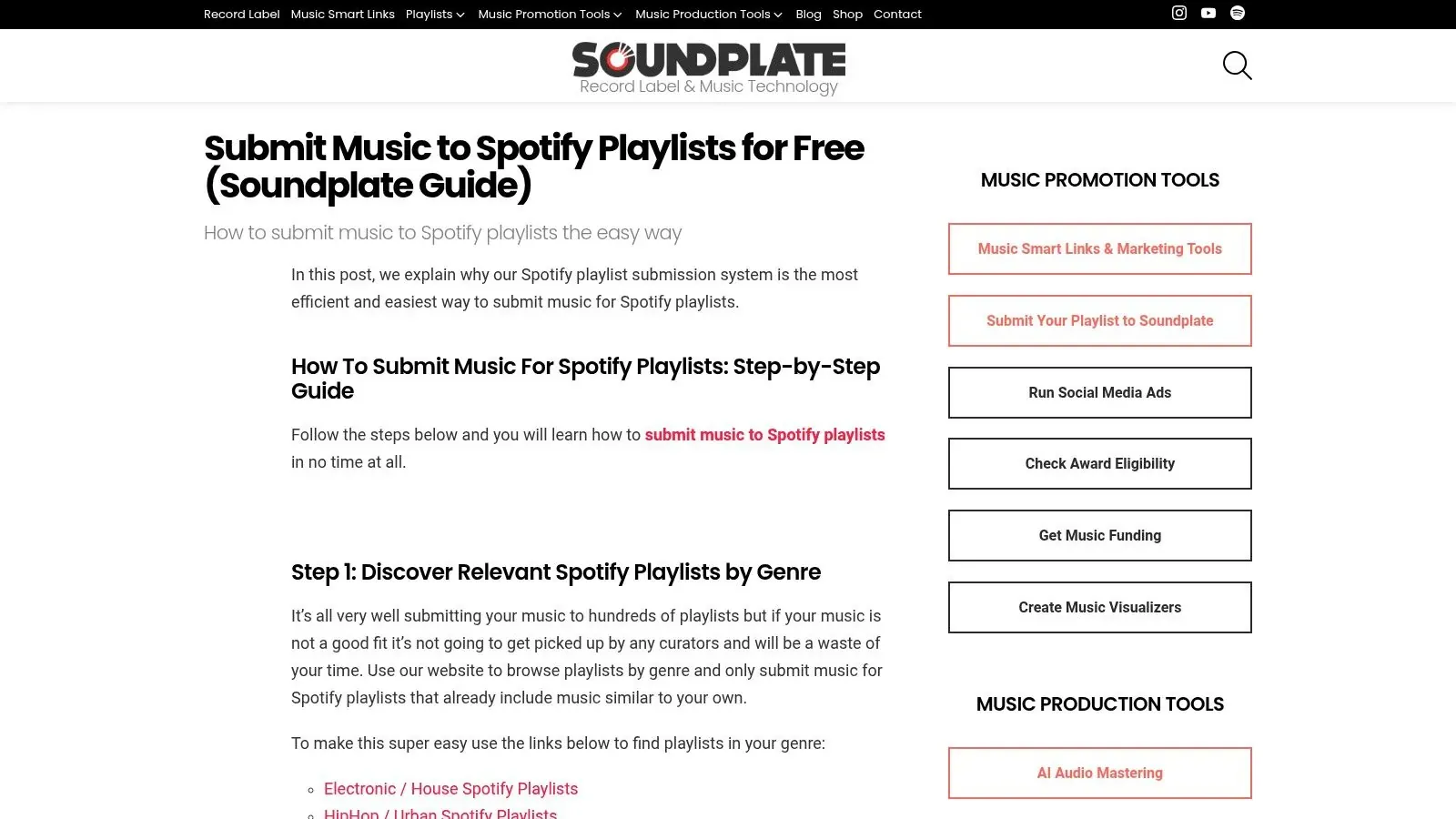 Soundplate’s free Spotify submission guide explaining how to discover relevant playlists by genre.