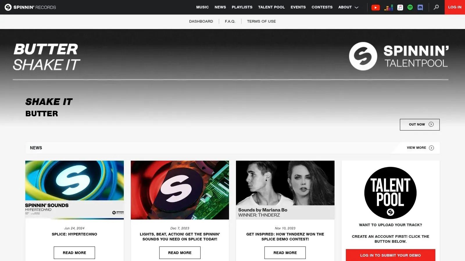Spinnin’ Records Talent Pool page showing music news and a login option to submit demos.