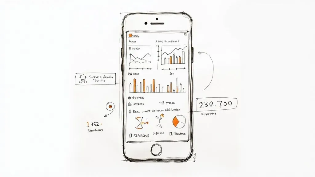 A sketched smartphone analytics dashboard with line charts, bars, and audience metrics for understanding listeners