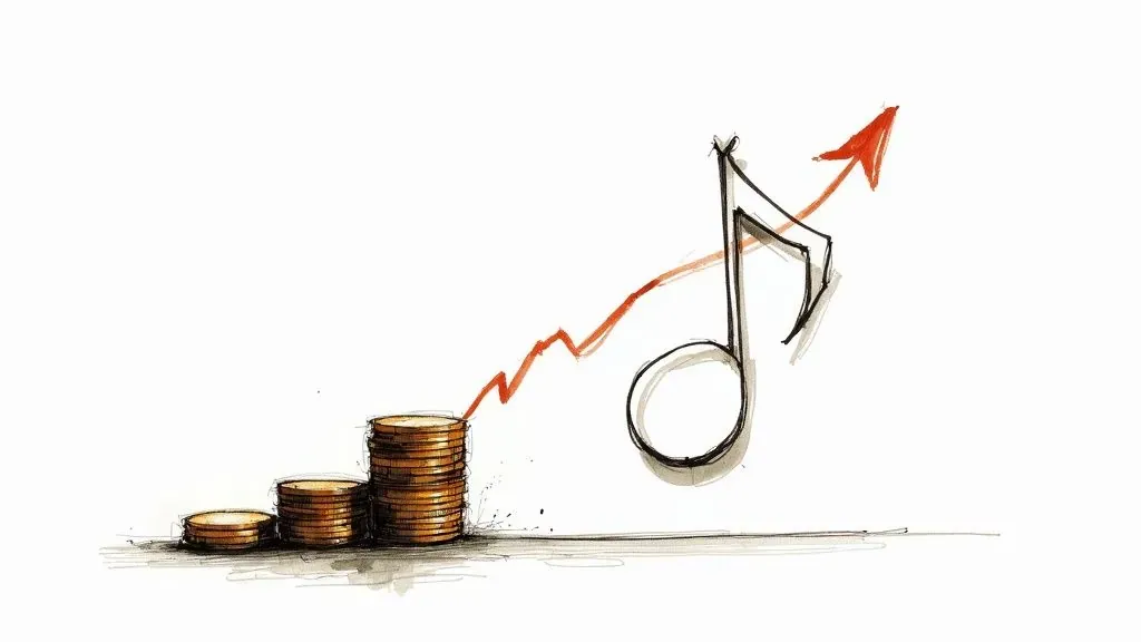 Increasing stacks of coins beside a musical note and rising arrow illustrate music revenue growth