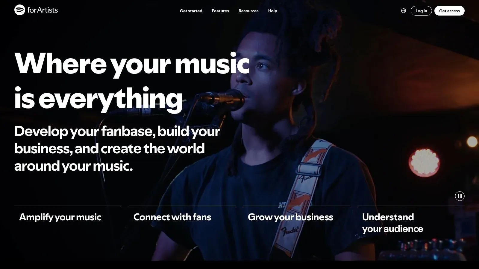 Spotify for Artists homepage highlighting fan connection, business growth, and audience insights beside a performing musician.