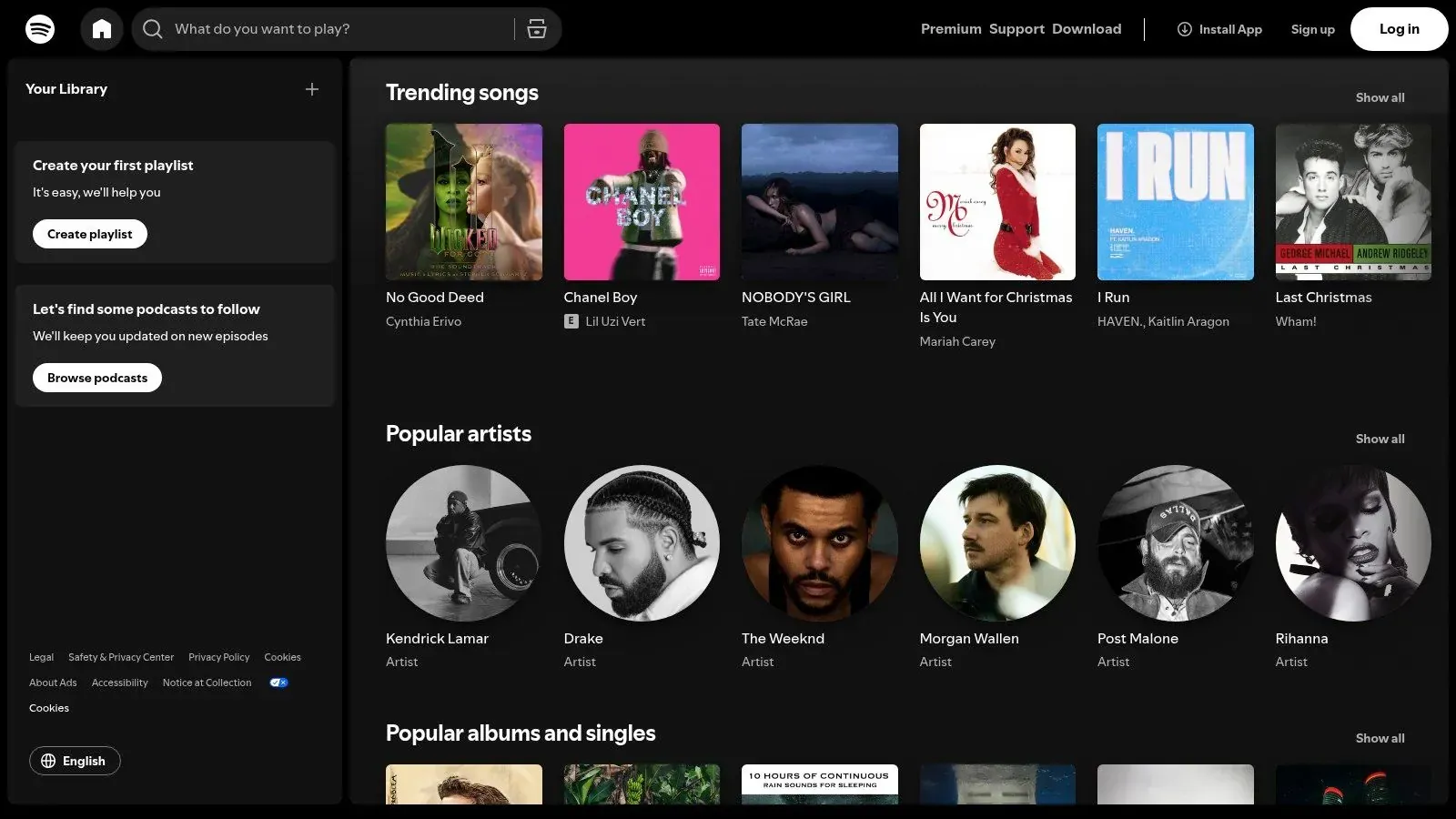 Spotify’s web player showing Trending songs, Popular artists, and Popular albums and singles.
