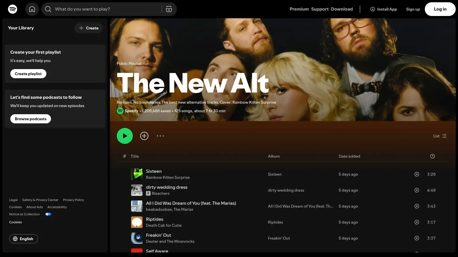 Spotify’s The New Alt playlist page showing its banner, play button, and alternative rock track list.