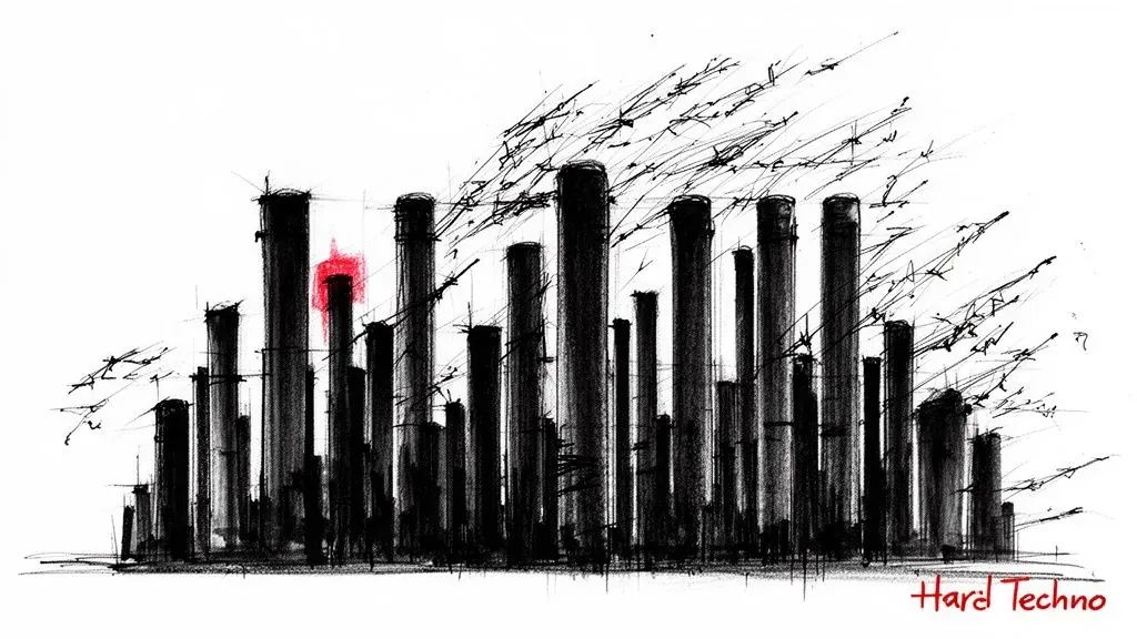 Stark, abstract illustration of black industrial pillars with a red glow, energetic lines, and 'Hard Techno' text.