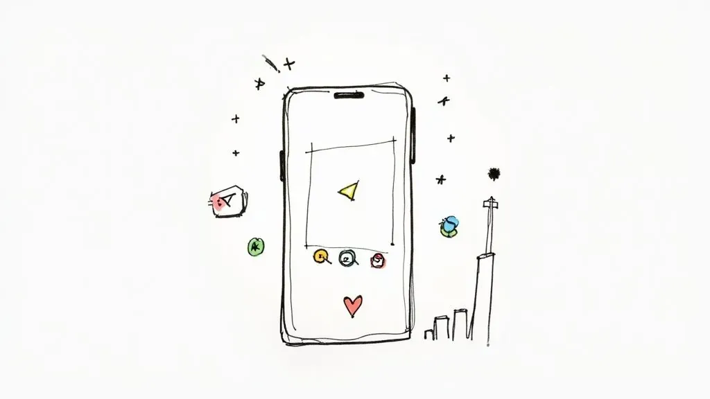 A sketched smartphone with a play button, social icons, and growth bars representing digital music promotion