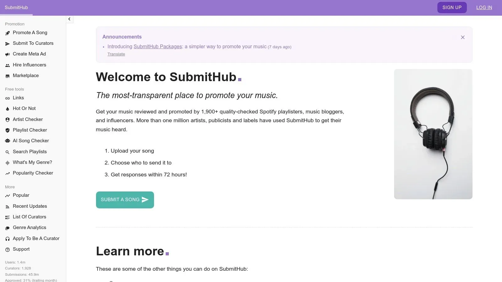 SubmitHub’s welcome screen outlining song uploads, curator selection, and reports within 72 hours.