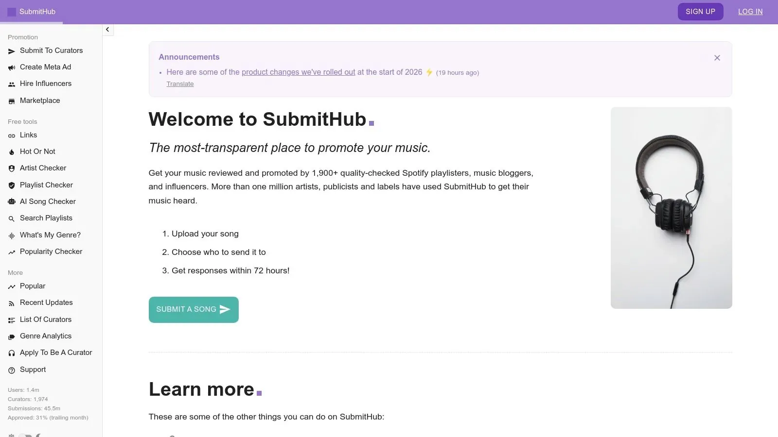 SubmitHub’s welcome page explaining song uploads, curator selection, and responses within 72 hours.