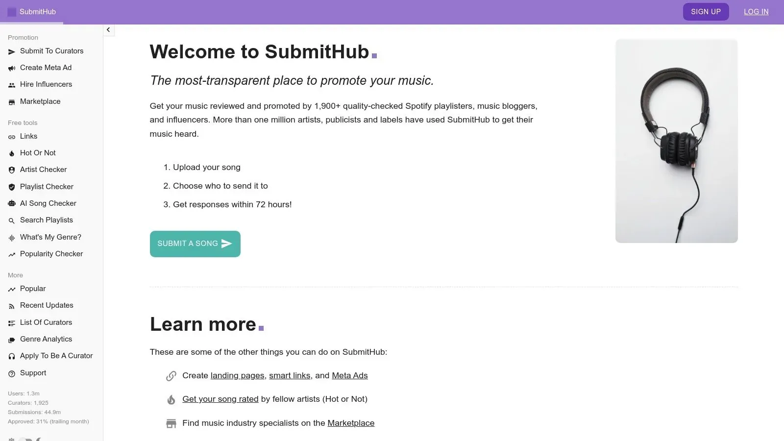 SubmitHub’s welcome screen outlining song uploads, curator selection, and reports within 72 hours.