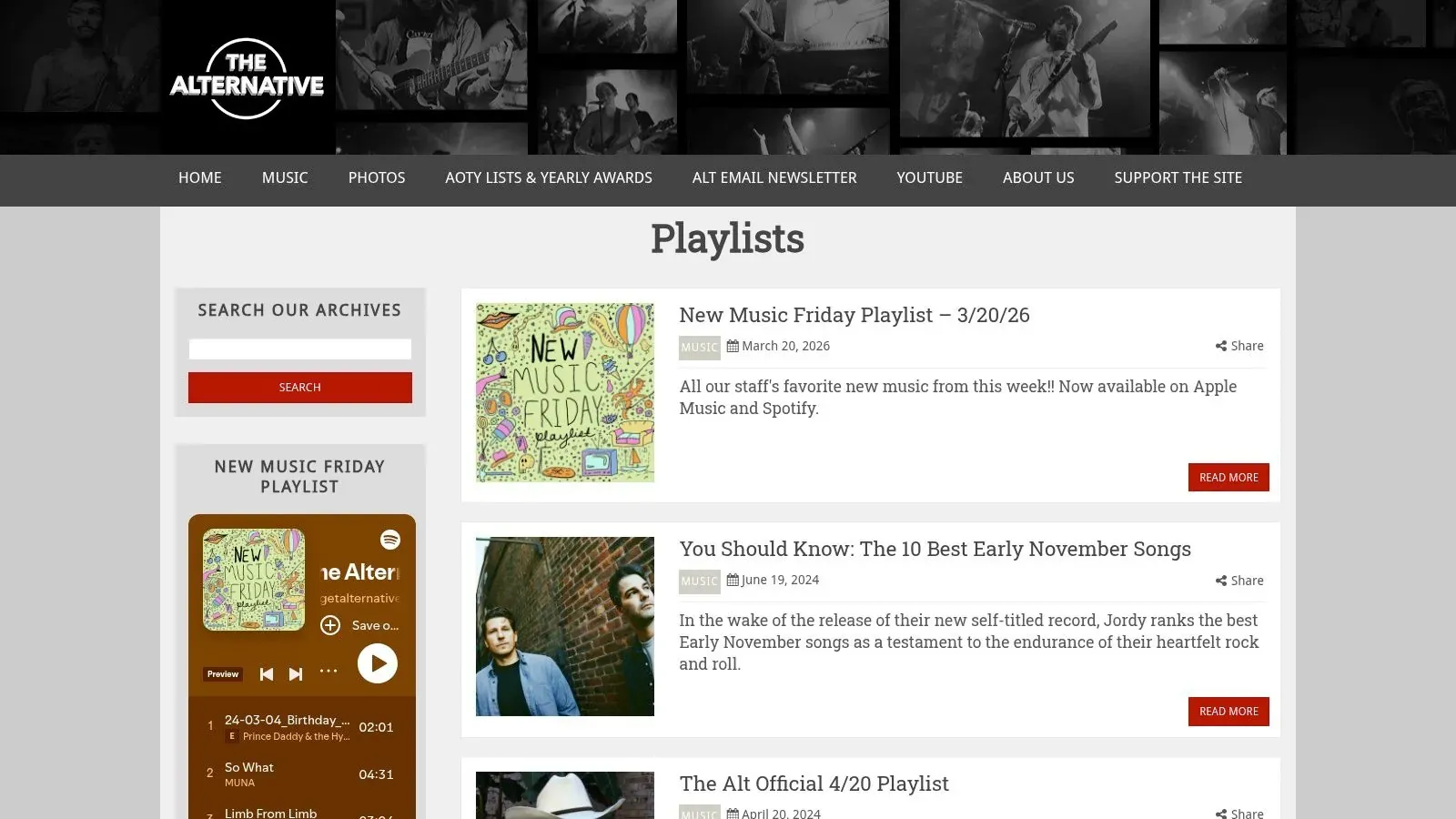 The Alternative’s playlist archive listing New Music Friday and other curated music selections.