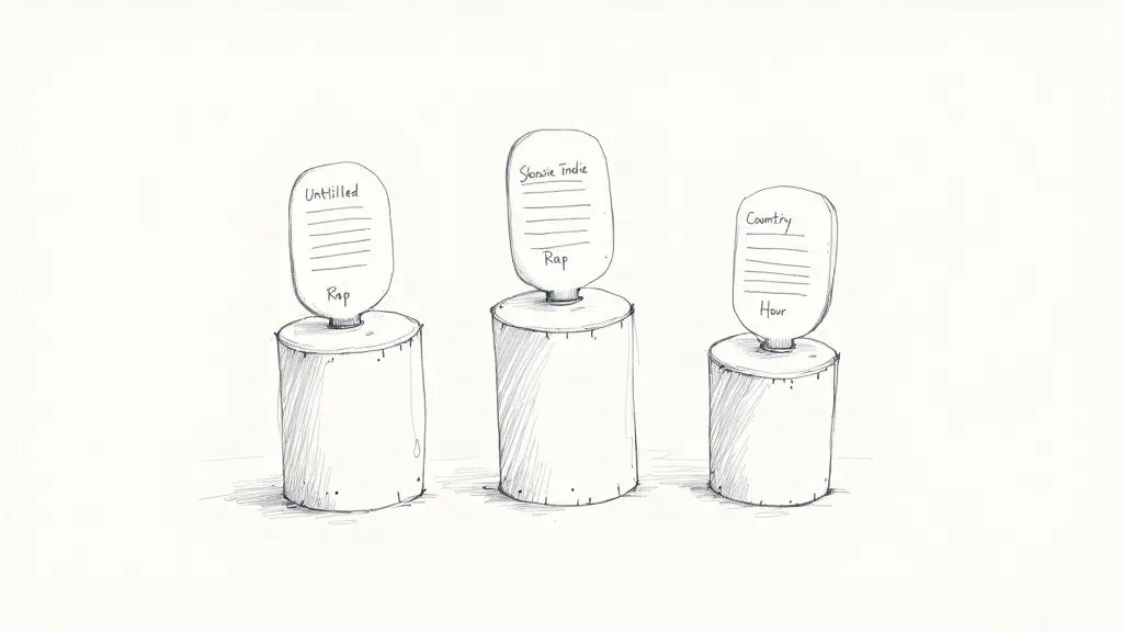 Three playlist-shaped displays on pedestals illustrate genre-specific collections competing for the longest playlist.
