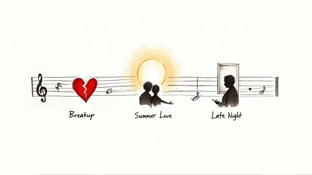 Breakup, Summer Love, and Late Night scenes along a musical staff illustrate mood-based playlist names.