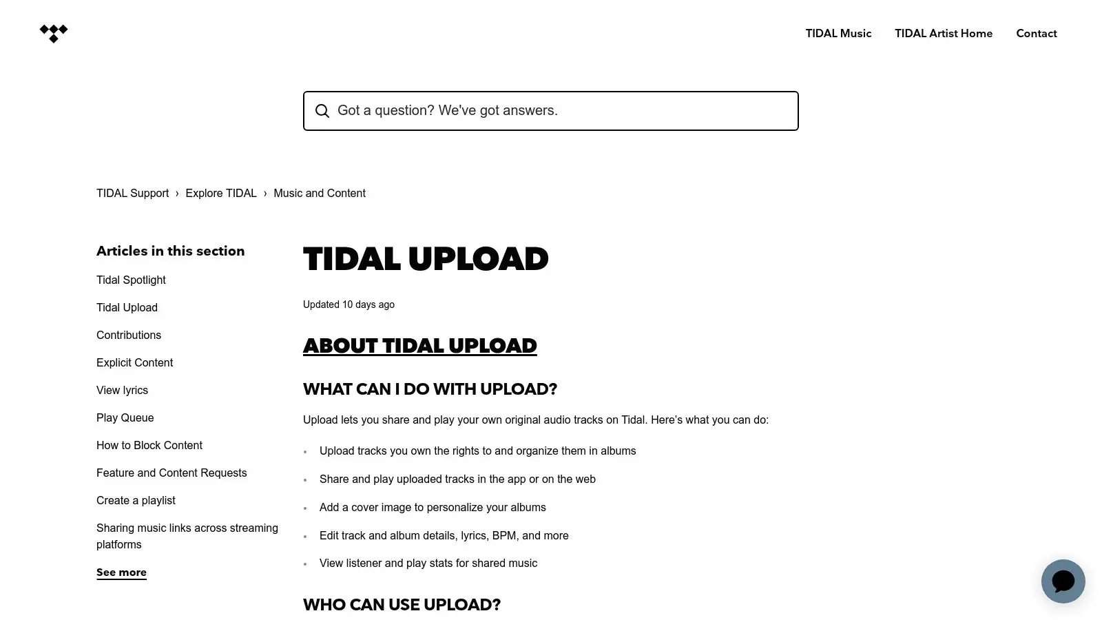 TIDAL’s Upload support page explaining original audio uploads, sharing, cover images, and track details.