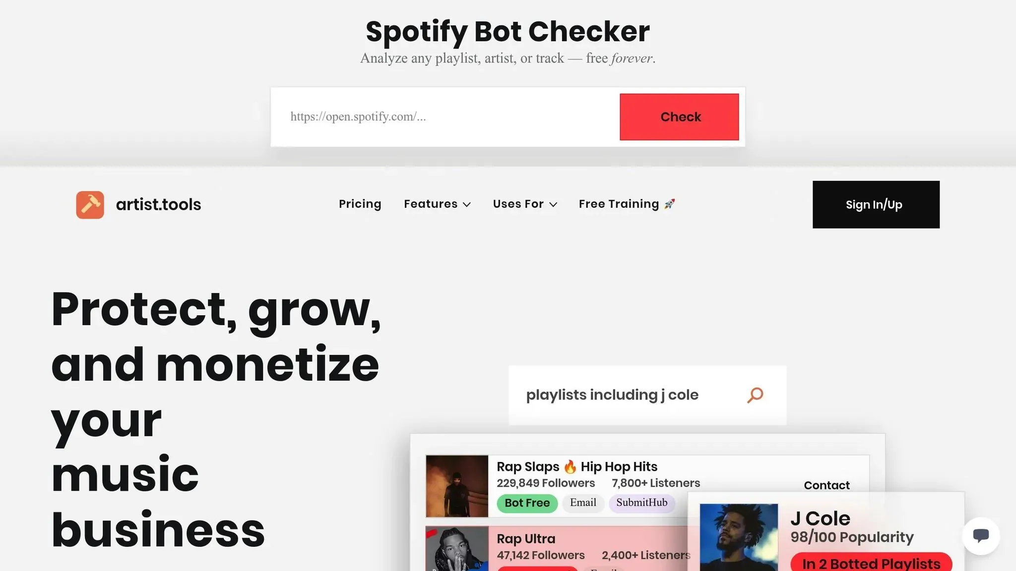 artist.tools homepage displaying its Spotify Bot Checker and playlist search preview with curator contacts.