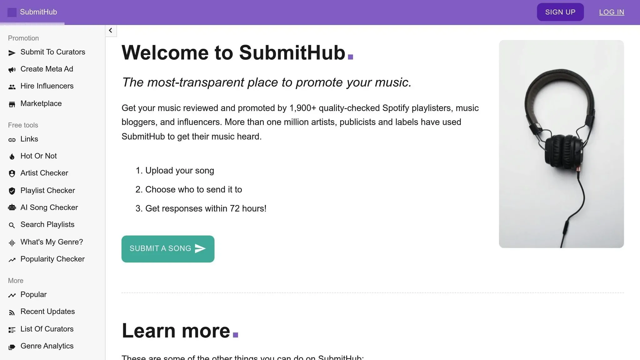 SubmitHub’s welcome page outlining how artists upload songs, select curators, and receive feedback.