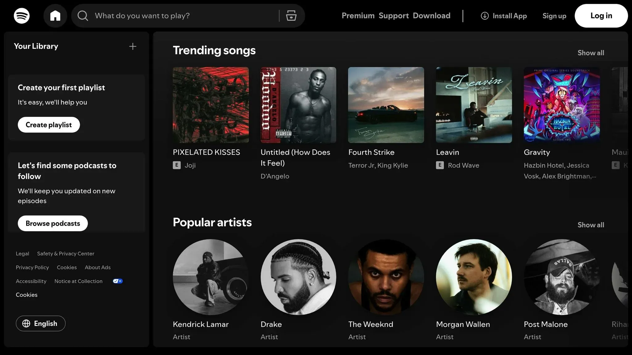 Spotify’s web player homepage showing trending songs and popular artists beneath the playlist curator software heading.