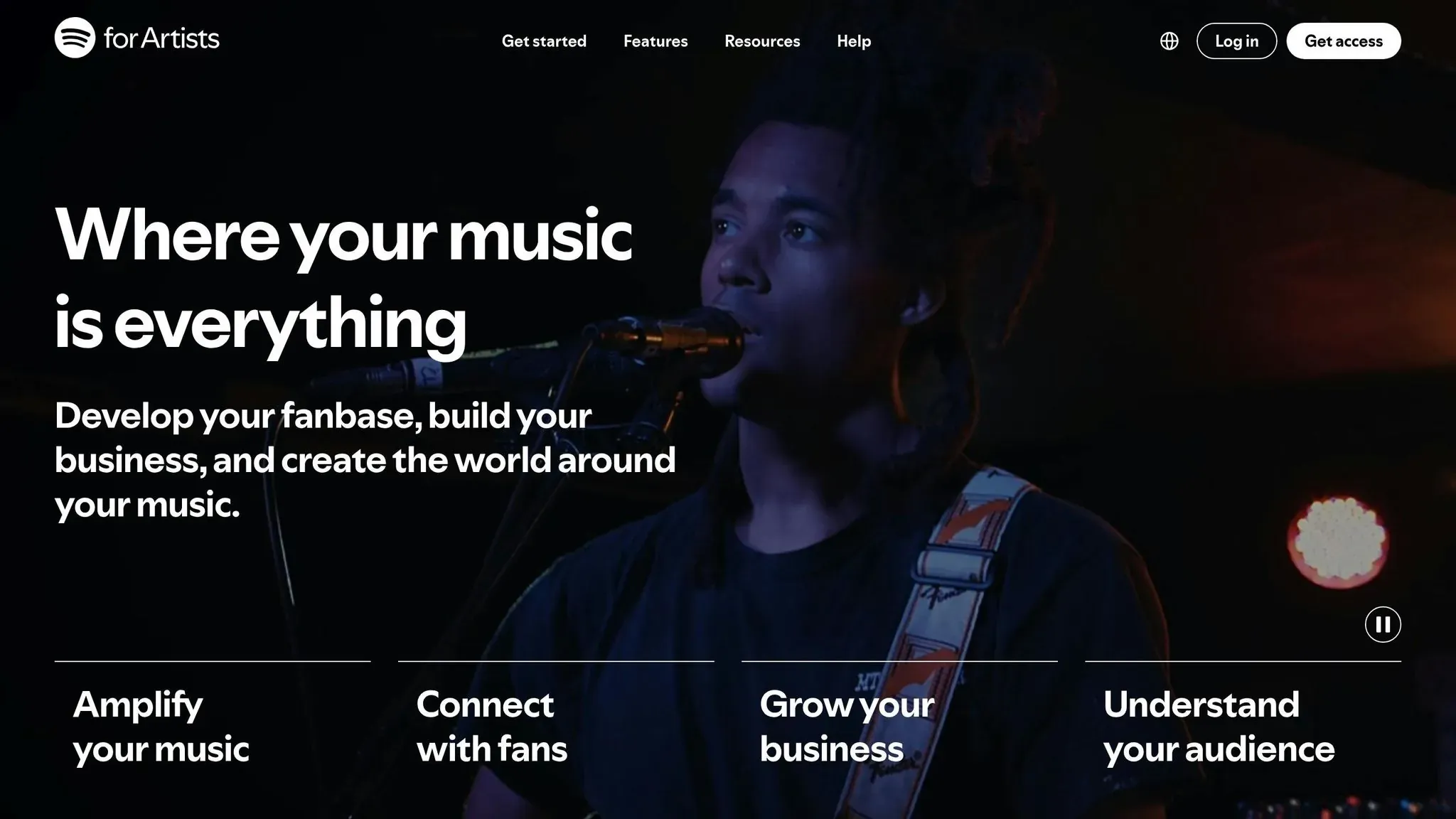 Spotify for Artists homepage introducing tools to amplify music, connect with fans, and understand audiences.