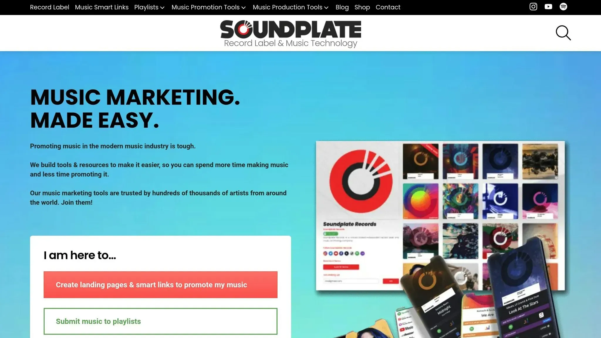 Soundplate’s homepage offering smartlink creation and playlist submissions alongside music marketing previews.