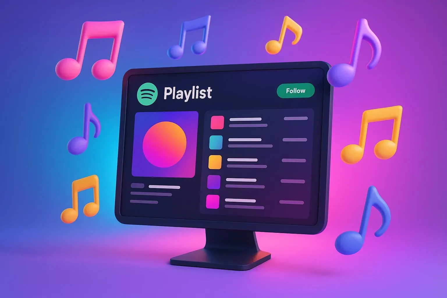 Illustrated Spotify playlist on a desktop monitor surrounded by colorful musical notes, introducing curator outreach tools.