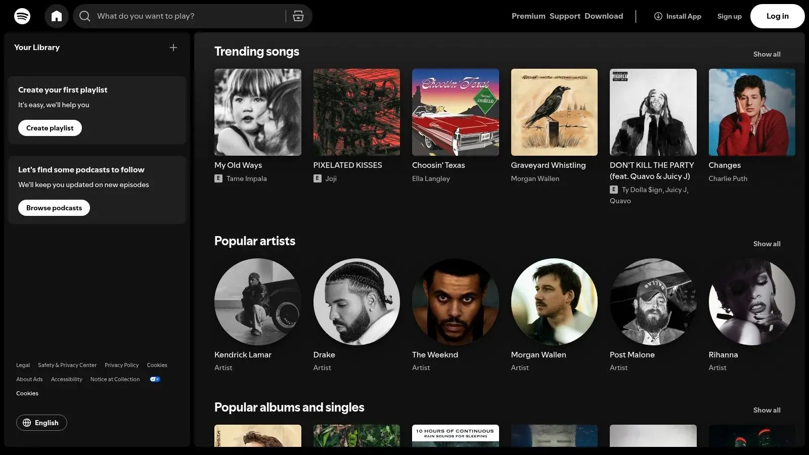 Spotify’s web player homepage displaying trending songs and popular artists as a starting point for playlist discovery.
