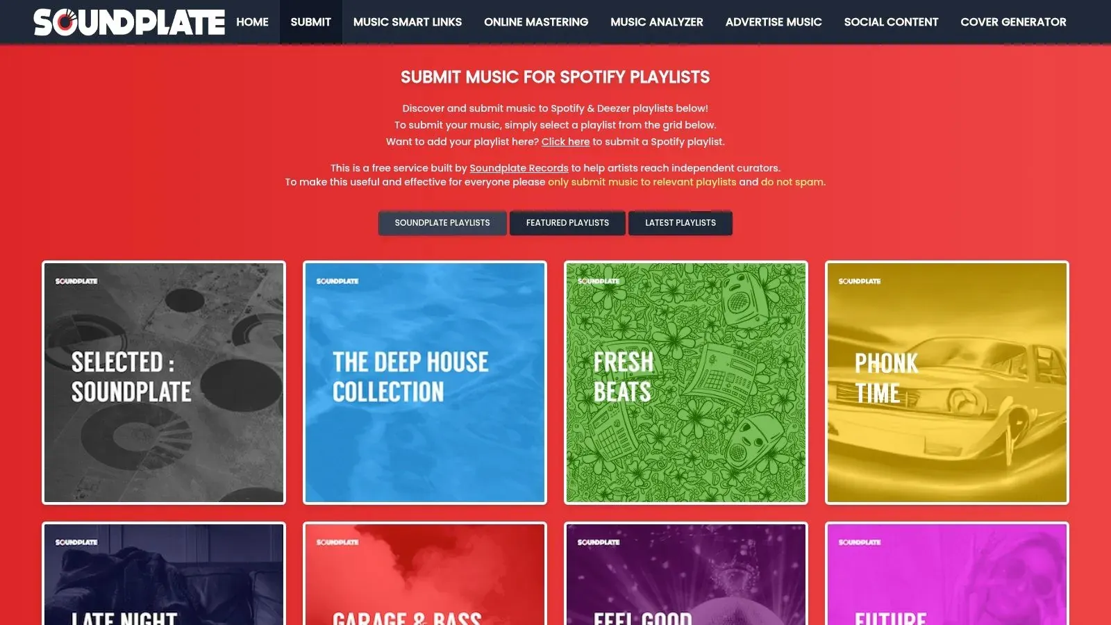 Soundplate’s playlist submission directory showing genre-based playlist covers and options for submitting music.